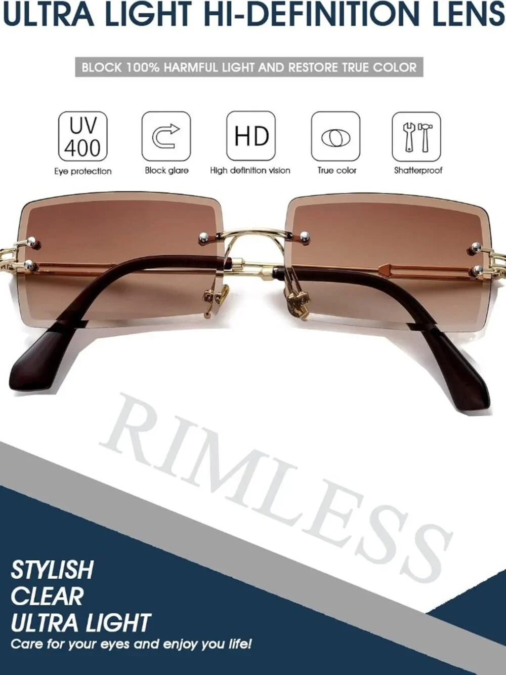 HD UV400 Rimless Rectangle Sunglasses - Stylish Protection for Fashion Lovers